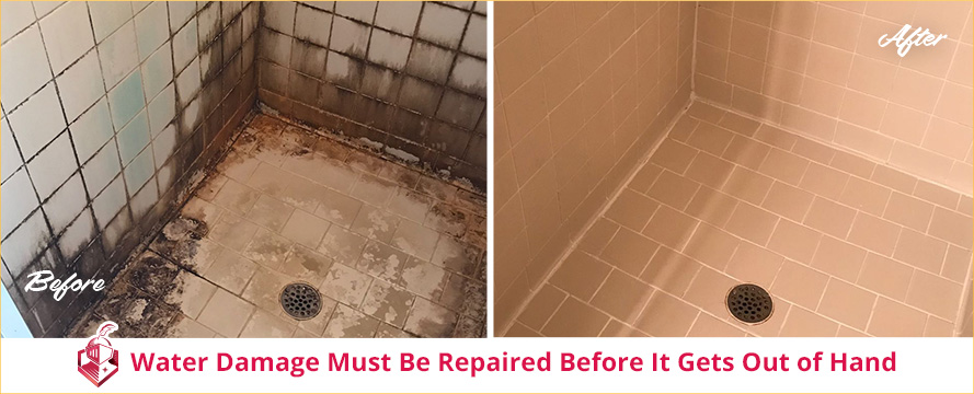 Before and After Picture of Severe Water Damage Repair on a Tile Shower