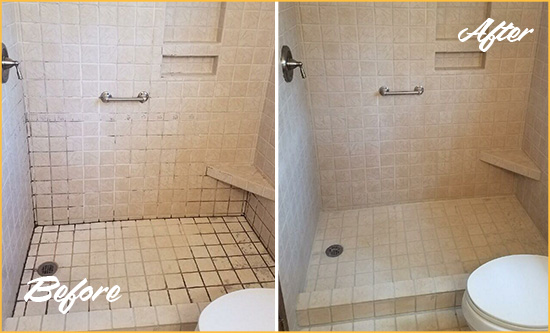 Before and After Picture of a Bathroom Grout Sealing on a Porcelain Tile Shower