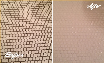 Picture of Soiled White Small Tile Shower Before and After Cleaning Grout