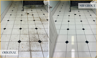 Restroom With Dark Grout Lines Before and Then Whitened Clean After Sir Grout's Restoration Services