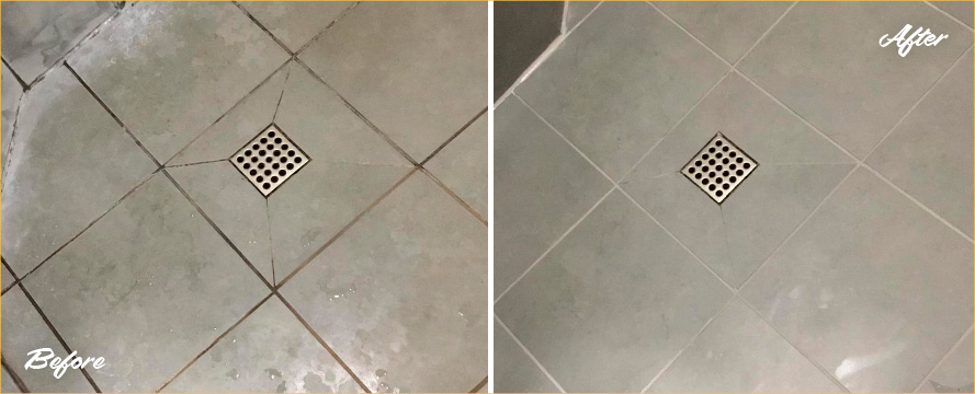 Shower Floor Before and After a Service from Our Tile and Grout Cleaners in Satellite Beach