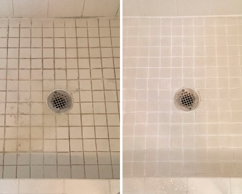 Shower Floor Before and After a Grout Cleaning in Cocoa Beach