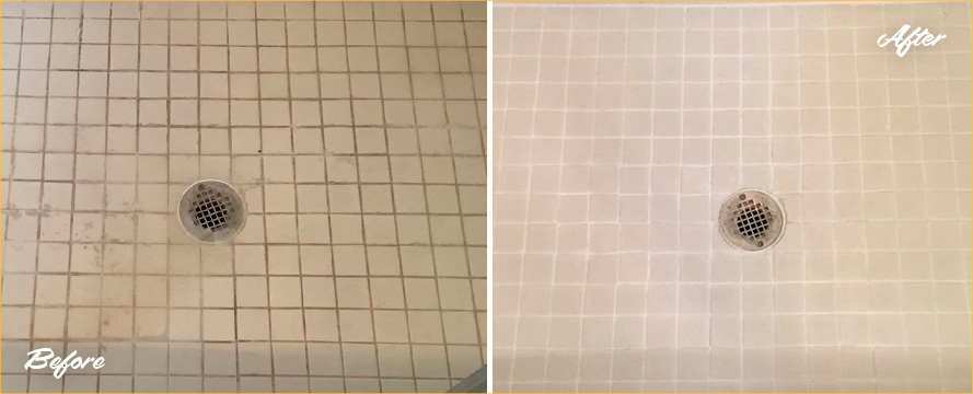 Shower Floor Before and After a Grout Cleaning in Cocoa Beach