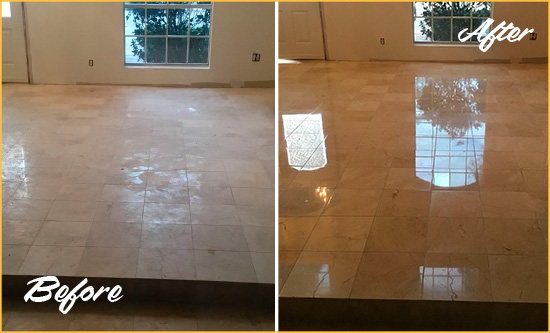 Before and After Picture of a Polished Marble Floor