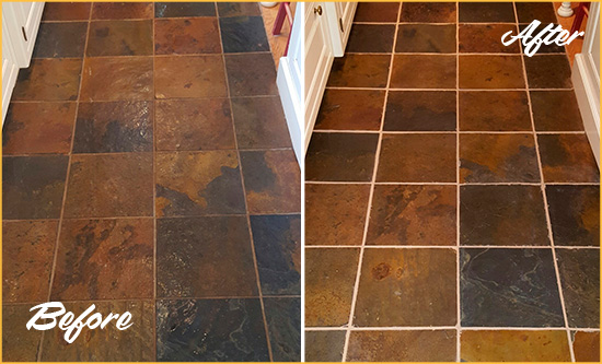 Before and After Picture of a Slate Floor Recolored Grout
