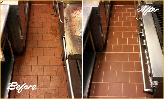 Before and After Picture of a Titusville Restaurant Kitchen Tile and Grout Cleaned to Eliminate Dirt and Grease Build-Up