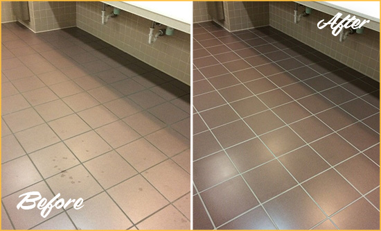 Before and After Picture of a Titusville Restrooms Tile and Grout Cleaned to Remove Embedded Dirt