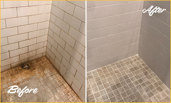 Before and After Picture of a Indialantic Shower Tile and Grout Cleaned to Eliminate Mold and Stains