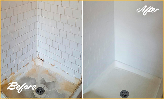 Before and After Picture of a Malabar Shower Tile and Grout Cleaned to Remove Soap Scum