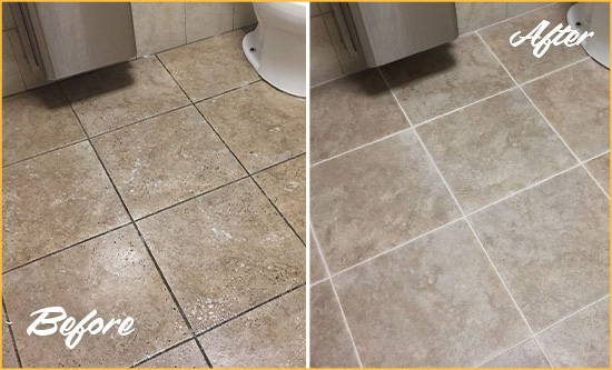 Before and After Picture of a Sharpes Restroom Tile and Grout Cleaned to Remove Soil