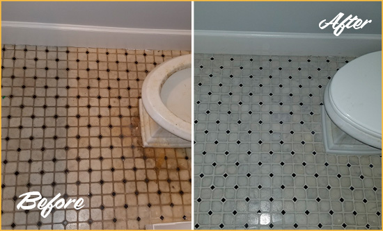 Before and After Picture of a Sharpes Bathroom Tile and Grout Cleaned to Remove Stains