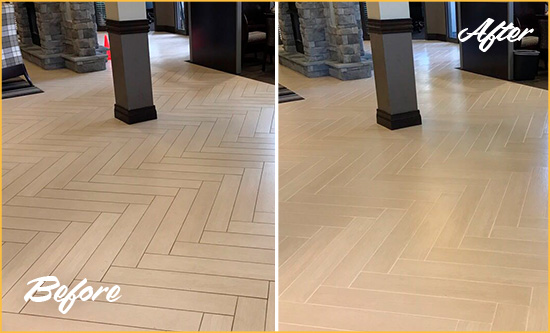 Before and After Picture of a Palm Shores Office Floor Tile and Grout Cleaned to Remove Stains