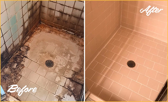 Before and After Picture of a Cape Canaveral Shower Tile and Grout Cleaned to Repair Water Damage