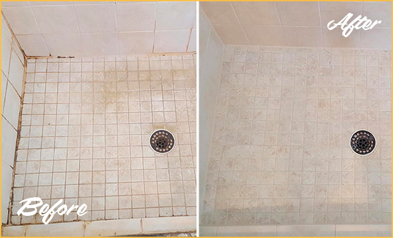 Before and After Picture of a Melbourne Shower Caulked to Fix Cracks