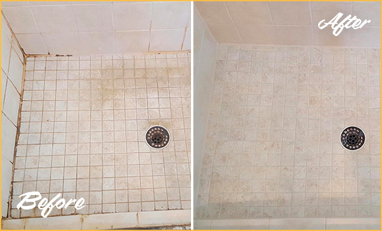 Before and After Picture of a Sharpes Shower Caulked to Fix Cracks