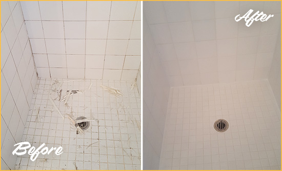 Before and After Picture of a Cocoa Bathroom Re-Caulked To Repair Damaged Caulking