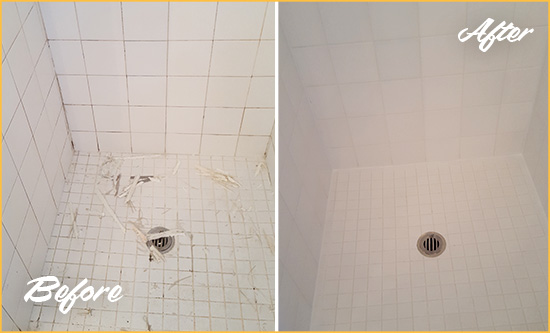 Before and After Picture of a Roseland Bathroom Re-Caulked To Repair Damaged Caulking