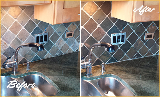 Before and After Picture of a West Melbourne Backsplash Caulked to Fix and Prevent Water Leaks