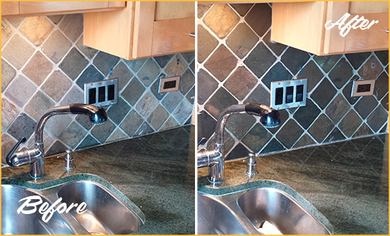 Before and After Picture of a Cape Canaveral Backsplash Caulked to Fix and Prevent Water Leaks