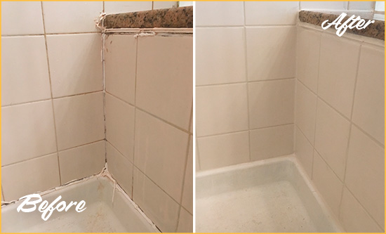 Before and After Picture of a Merritt Island Shower Caulked to Repair Damaged Caulking