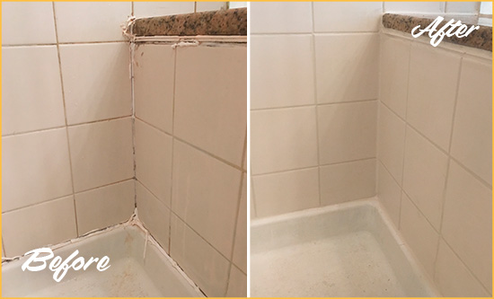 Before and After Picture of a Palm Shores Shower Caulked to Repair Damaged Caulking