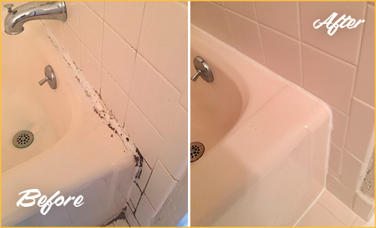 Before and After Picture of a Sharpes Bathroom Sink Caulked to Fix a DIY Proyect Gone Wrong