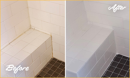 Before and After Picture of a Cocoa Shower Seat Caulked to Protect Against Mold and Mildew Growth