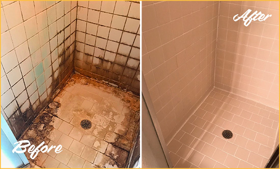 Before and After Picture of a Cape Canaveral Shower Caulked to Fix and Prevent Water Damage