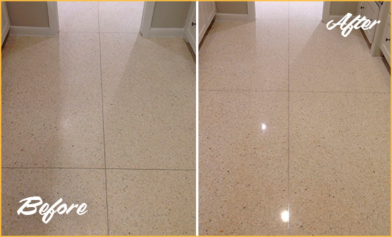Before and After Picture of a Palm Shores Granite Stone Floor Polished to Repair Dullness