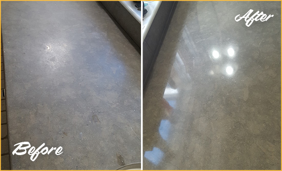 Before and After Picture of a Dull Sebastian Limestone Countertop Polished to Recover Its Color