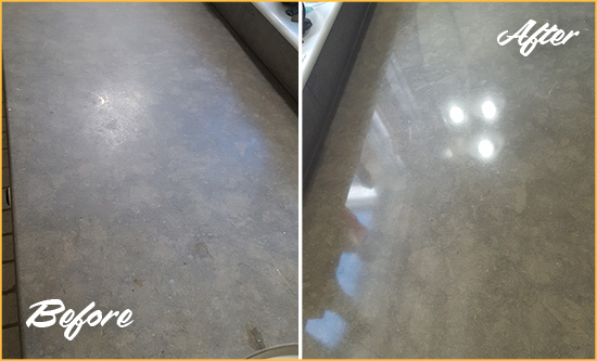 Before and After Picture of a Dull Palm Shores Limestone Countertop Polished to Recover Its Color