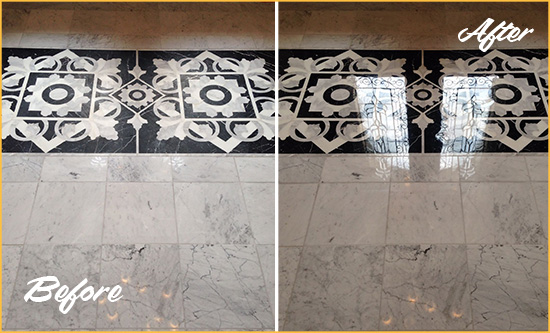 Before and After Picture of a South Patrick Shores Marble Stone Floor Polished to a Mirror Shine