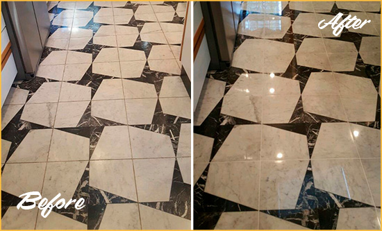 Before and After Picture of a Dull Merritt Island Marble Stone Floor Polished To Recover Its Luster