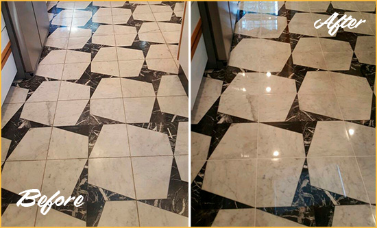 Before and After Picture of a Dull Palm Shores Marble Stone Floor Polished To Recover Its Luster