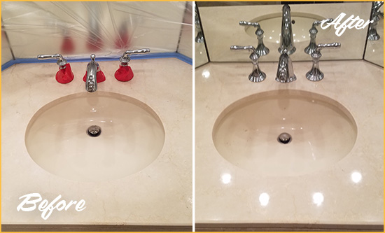 Before and After Picture of a Dull Merritt Island Marble Stone Vanity Top Polished to Bring-Back Its Sheen