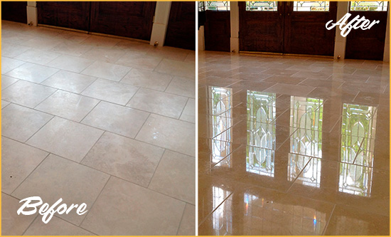 Before and After Picture of a Dull Patrick Space Force Base Travertine Stone Floor Polished to Recover Its Gloss