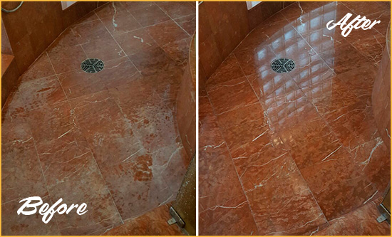 Before and After Picture of a Sharpes Marble Stone Shower Polished to Eliminate Mineral Deposits