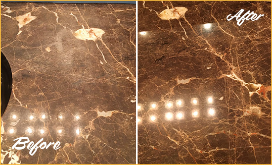 Before and After Picture of a Sharpes Marble Stone Countertop Polished to Eliminate Stains