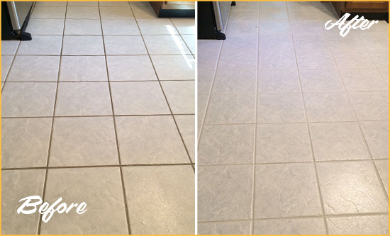 Before and After Picture of a Melbourne Beach Kitchen Ceramic Floor Sealed to Protect From Dirt and Spills