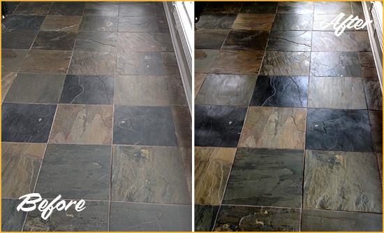 Before and After Picture of a Dull Indian Harbour Beach Slate Floor Sealed to Bring Back Its Colors