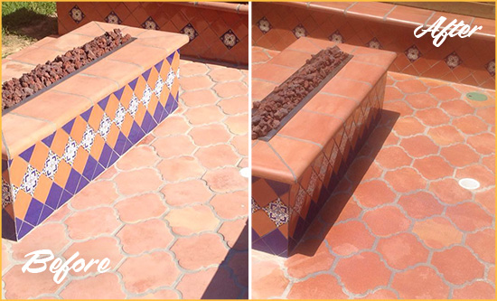 Before and After Picture of a Dull Port St. John Terracotta Patio Floor Sealed For UV Protection