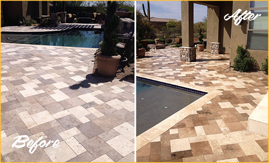 Before and After Picture of a Faded Sharpes Travertine Pool Deck Sealed For Extra Protection