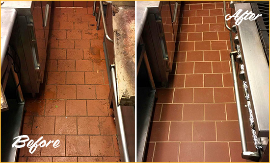 Before and After Picture of a Grant-Valkaria Restaurant Kitchen Floor Sealed to Remove Soil