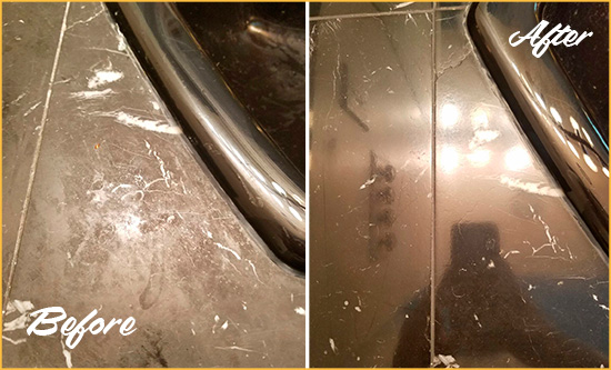 Before and After Picture of a West Melbourne Marble Countertop Cleaned to Remove Deep Dirt