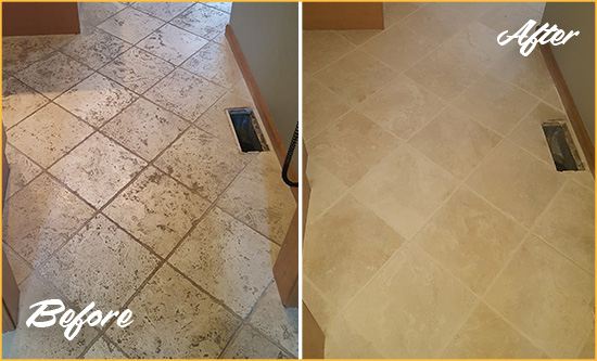 Before and After Picture of a Indian Harbour Beach Kitchen Marble Floor Cleaned to Remove Embedded Dirt