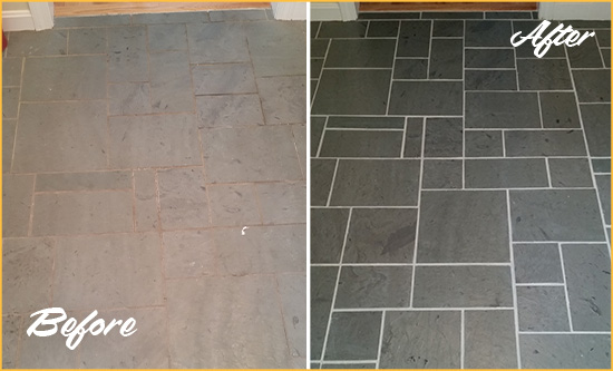 Before and After Picture of a Malabar Slate Floor Cleaned to Remove Deep-Seated Dirt