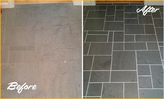 Before and After Picture of a Viera West Slate Floor Cleaned to Remove Deep-Seated Dirt