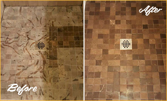 Before and After Picture of a Stained Mims Marble Shower Floor Cleaned to Remove Etching