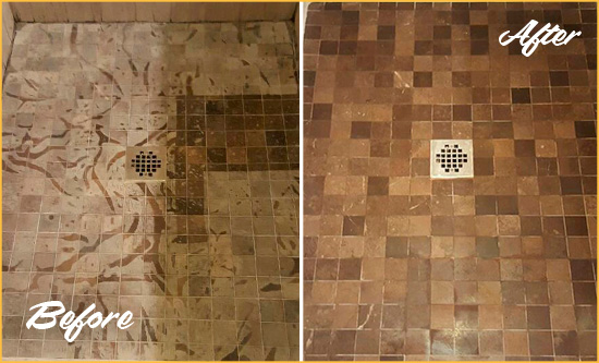 Before and After Picture of a Stained Harbor East Marble Shower Floor Cleaned to Remove Etching