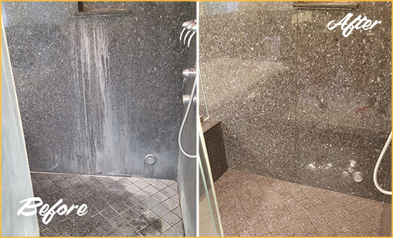 Before and After Picture of a Satellite Beach Granite Shower Cleaned to Remove Mineral Deposits